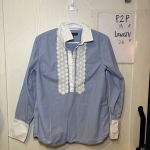 Banana Republic Blue White Striped Lace‎ Bib Tuxedo Shirt Office Blouse Small